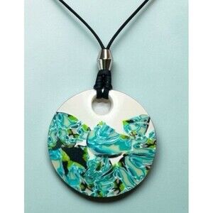 Handmade Large White, Blue & Green Polymer Clay Pendant Necklace w Silicone Cord